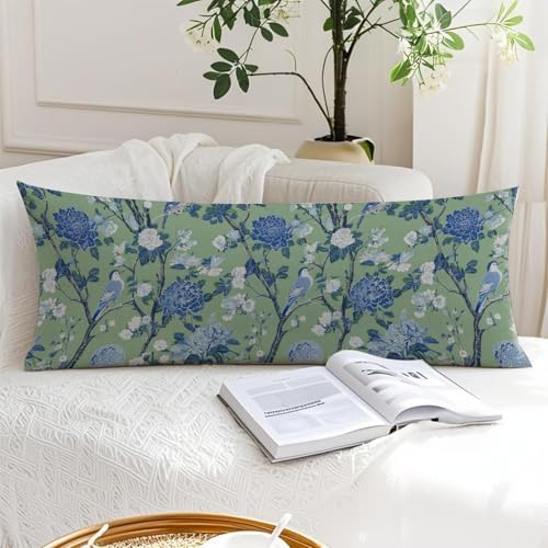 Blue and Green Chinoiserie Hydrangea Floral Bird 20x54 Body Pillow Cover - Image 6