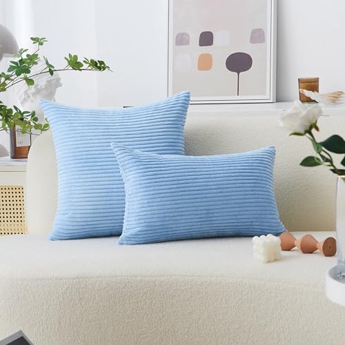 Home Brilliant Blue Throw Pillow Covers Striped Velvet Couch Pillow Cushion - Image 5