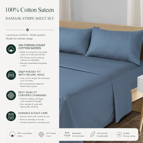 Feather & Stitch 100% Cotton Sateen 500 TC Split King Size Bed Sheet Set - Image 6