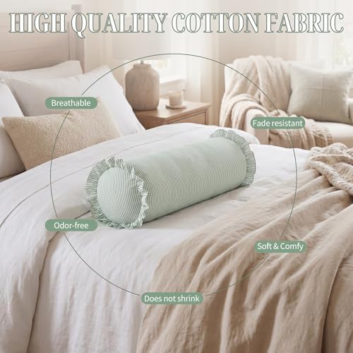 Ruffle Bolster Pillow Cover 8" x 20" Green Stripes Print - Image 4