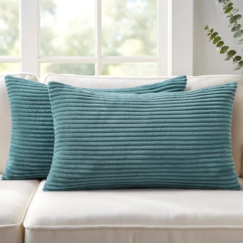 Mecatny Corduroy Decorative Throw Pillow Covers 12x20 Set of 2 Teal by Mecatny