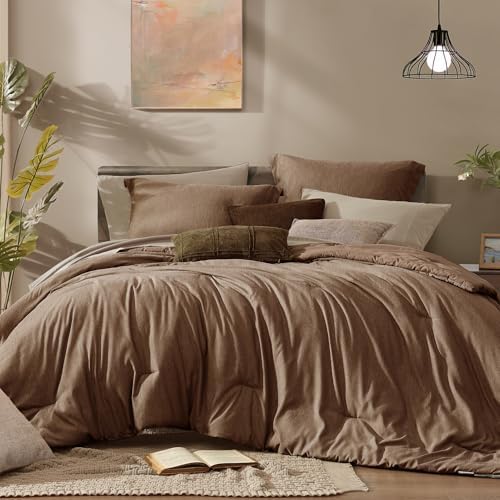 Monbix King Size Comforter Set 7 Pieces Brown Cationic Dyeing Bed in a Bag by Monbix