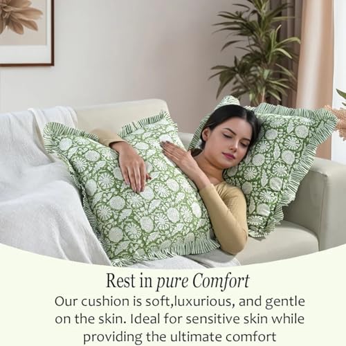 CPC Olive Bloom Hand Block Print 100% Cotton Ruffle Throw Pillow Cover 18x18 - Image 5