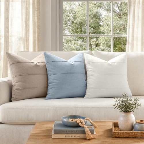 MIULEE Euro Decorative Linen Throw Pillow Covers 24x24 Light Blue Striped - Image 3
