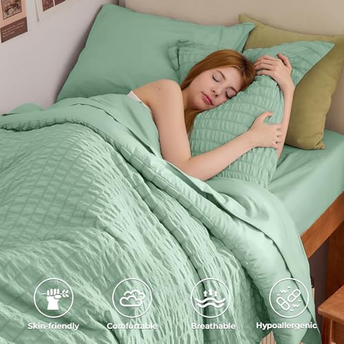 HYMOKEGE Sage Green Twin Comforter Set Seersucker 5 Pieces, All Season Luxury - Image 2