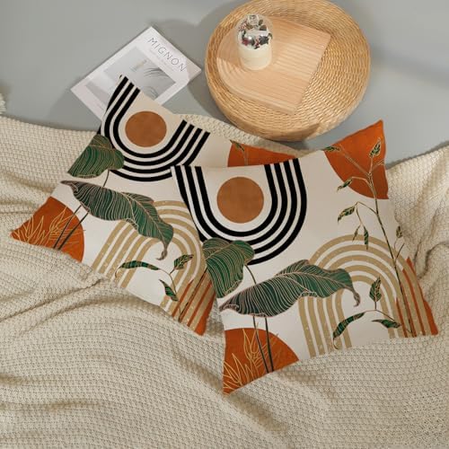 Boho Orange Pillow Covers 18x18 Set of 2 Green Gold Leaf Tropical Mid Century - Image 6