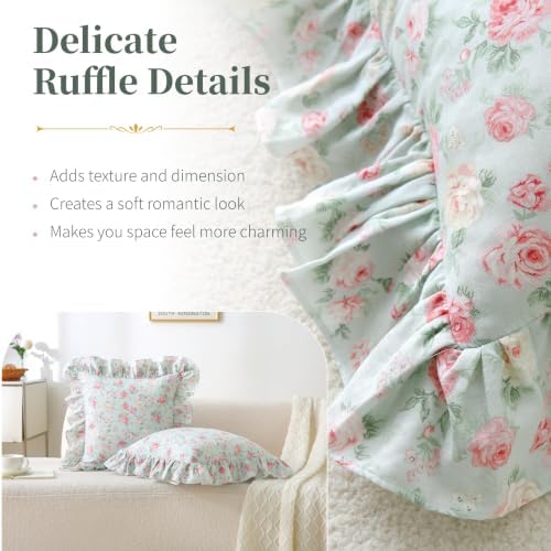 Floral Throw Pillow Covers 18x18, Mint Green, Ruffle Trim, 2 Pack - Image 6
