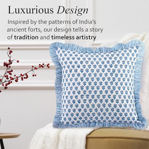 CPC Block Print Ruffle Throw Pillow Cover Apatite Blue 16"x16" - Image 4