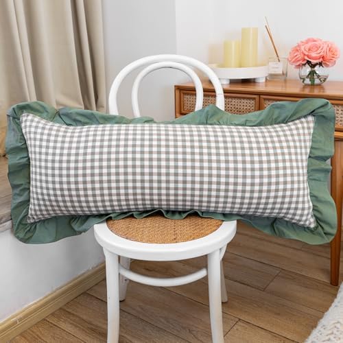 JoraLion Ruffled Lumbar Pillow Cover 14x36 Gingham Green - Image 2