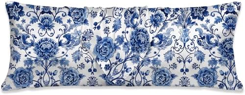 Blue and White Body Pillow Cover, Chinoiserie Floral Body Pillow by SEILONHD