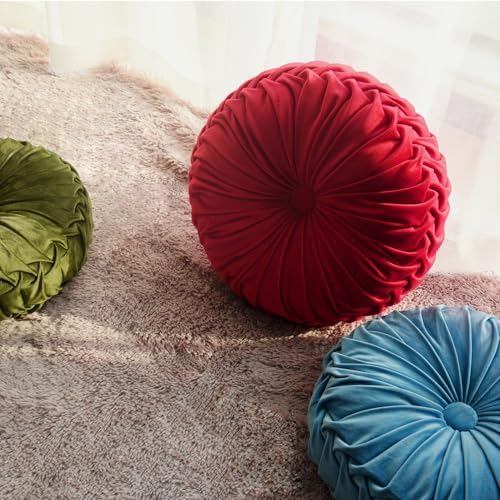 HIG Set of 2 Red Velvet Decorative Round Pleated Throw Pillows - Image 5