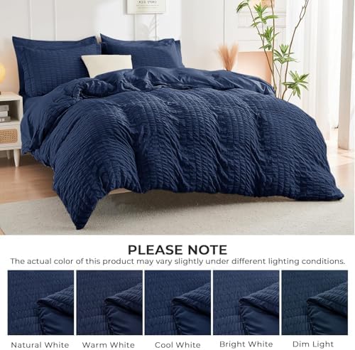 HYMOKEGE Navy Blue California King Comforter Set Seersucker 7 Pieces, All - Image 4