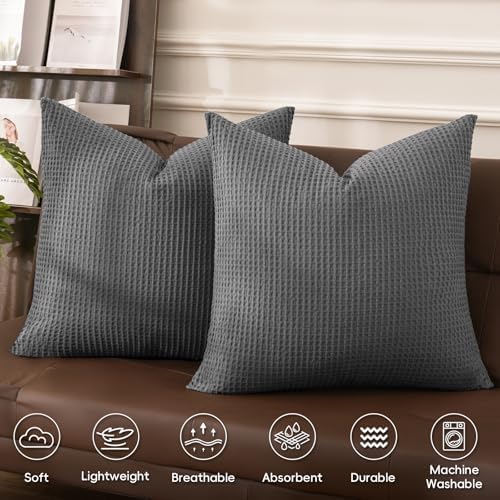 PHF Cotton Waffle Euro Shams 26" x 26", Charcoal Grey, No Insert - Image 3