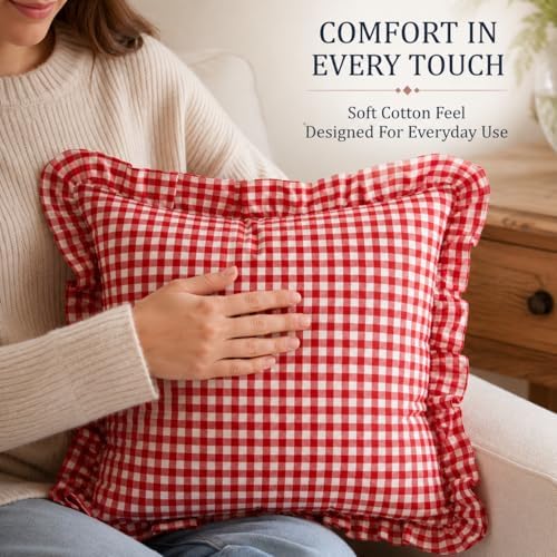 JoraLion Ruffled Throw Pillow Cover 18x18 Gingham Red - Image 7