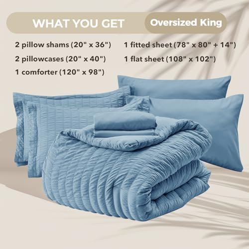 HYMOKEGE Mineral Blue Oversized King Comforter Set Seersucker 7 Pieces - Image 5