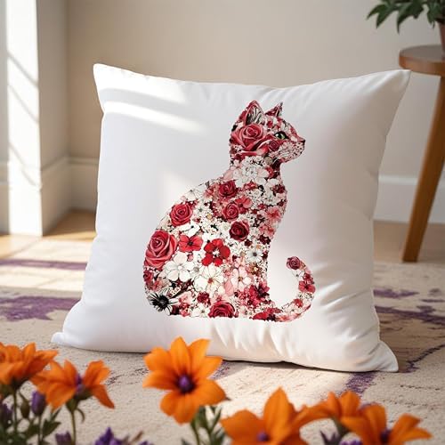 Red and White Floral Cat Pillow Covers 18x18, Gifts - Image 5