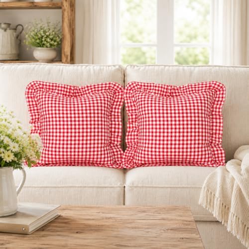 JoraLion Ruffled Throw Pillow Cover 20x20 Gingham Red by JoraLion