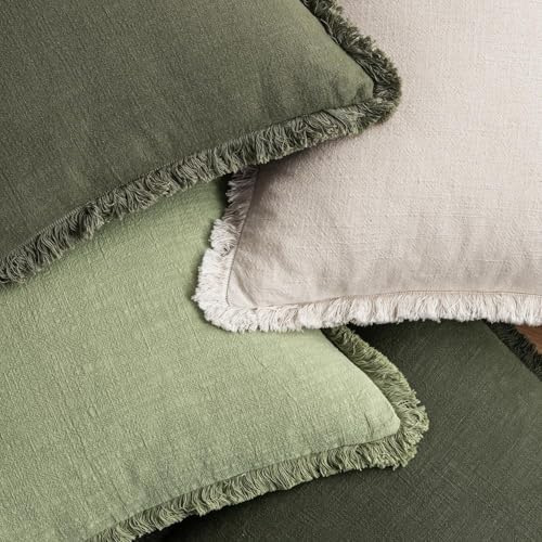 MIULEE Fall Linen Fringe Pillow Covers Set of 4 22x22 Beige/Sage Green - Image 6