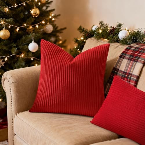 Mecatny Corduroy Throw Pillow Covers 18x18 Set of 2 Christmas Red - Image 2