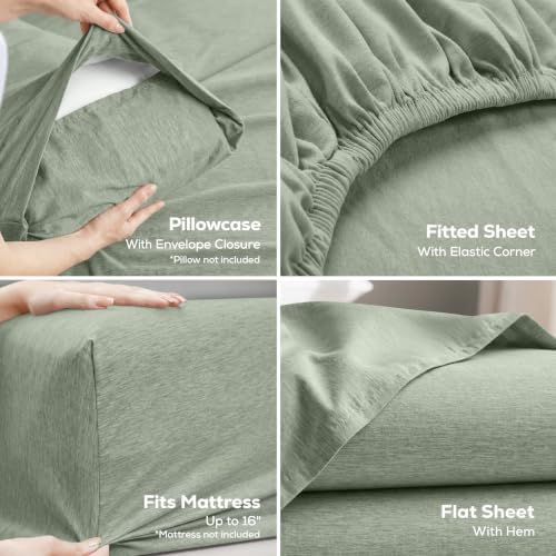 Cal King Sheets Set, 4 Pieces 16" Deep Pocket Bed Sheets, Heather Sage - Image 3