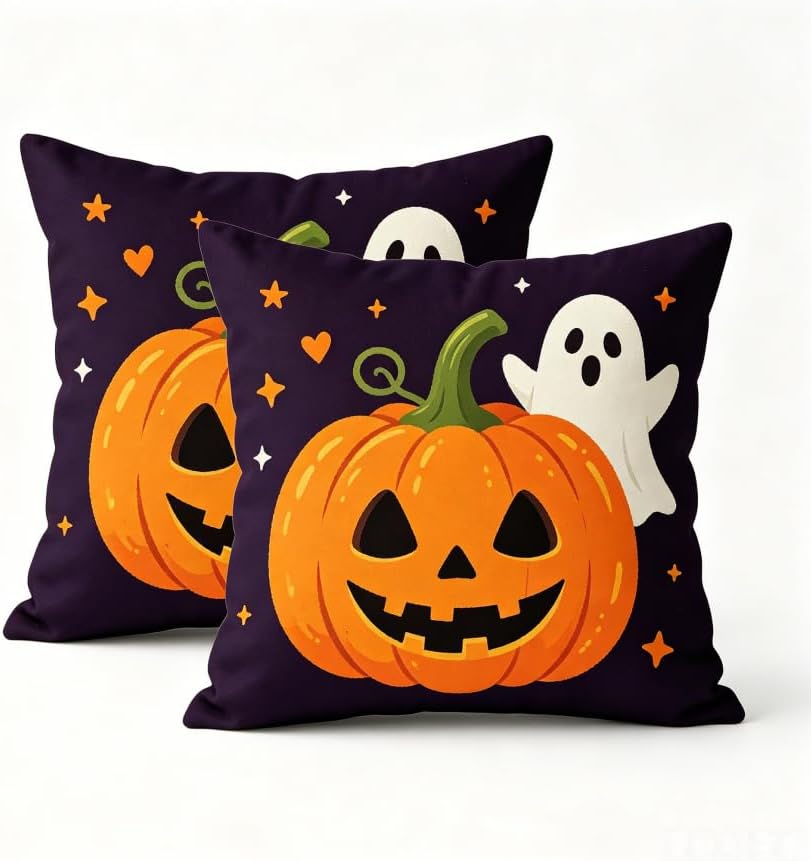 Halloween Decorations Throw Pillow Covers, Jack-O-Lantern Pumpkin and Ghost by Unknown