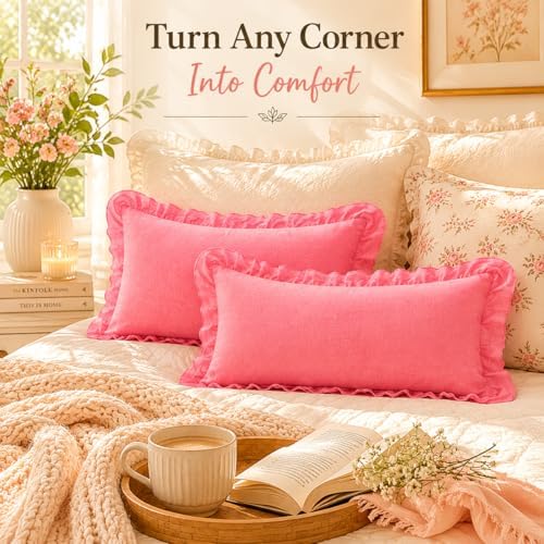 JoraLion Ruffled Throw Pillow Cover 12x20 Solid Pink - Image 6