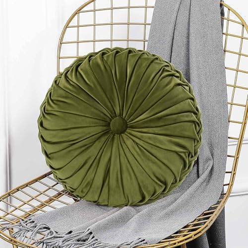 HIG Set of 2 Olive Velvet Decorative Round Pleated Throw Pillows - Image 5
