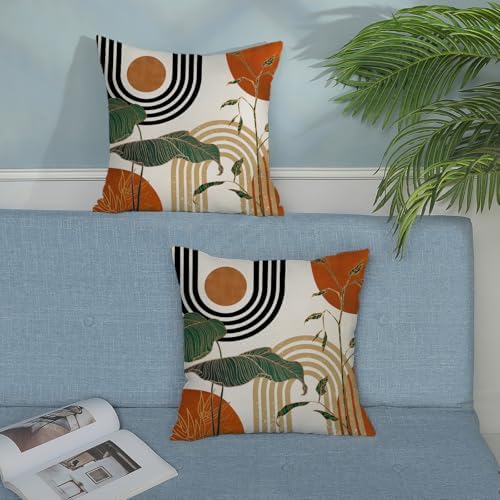 Boho Orange Pillow Covers 18x18 Set of 2 Green Gold Leaf Tropical Mid Century - Image 4