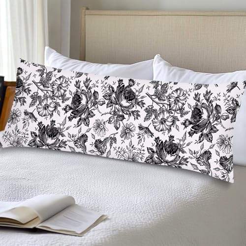 Black and White Porcelain Floral Body Pillow Cover 20x54 Long Pillow Case by Unknown