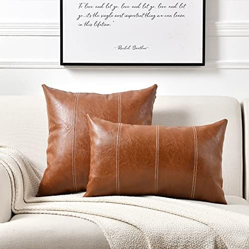 Fancy Homi Brown Boho Faux Leather Decorative Throw Pillow Covers 16x16 Inch - Image 2