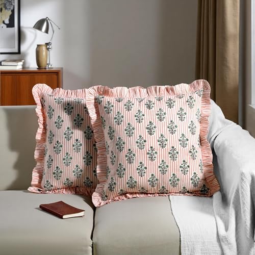 Ridhi Salmon Blossom Block Print Ruffle Pillow Covers 16x16 Inch Set of 2 - Image 4