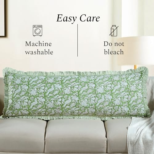 CPC Block Print Olive Green Ruffle Cotton Lumbar Pillow Cover 20x54 inch - Image 5
