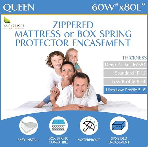 Queen Size Mattress or Box Spring Encasement – Low Profile Waterproof Zippered by FourSeasonsEssentials