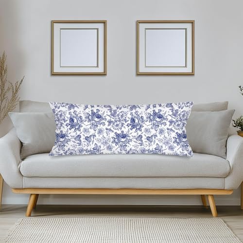 Blue and White Porcelain Floral Lumbar Pillow Cover 14x36 Long Body Pillow - Image 3