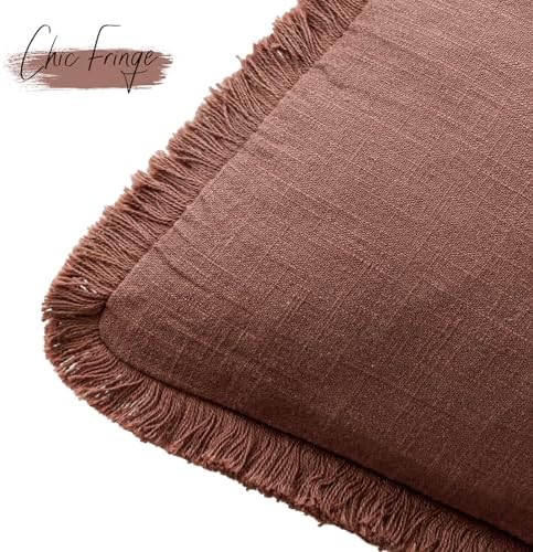 Foindtower Decorative Linen Fringe Throw Pillow Covers 24×24 Inch, Rust Red - Image 3