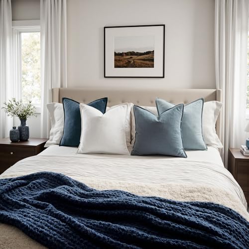 MIULEE Blue Boho Linen Decorative Pillow Covers 20x20 Inch Pack of 4 - Image 5