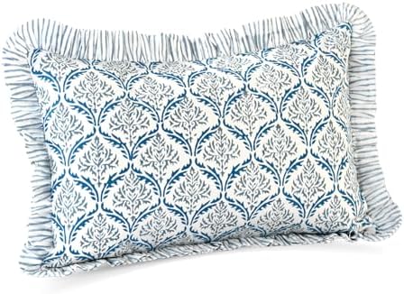 CPC Block Print Indigo Regal Ruffle Cotton Lumbar Pillow Cover 12x20 inch by COTTONPRINTCLUB