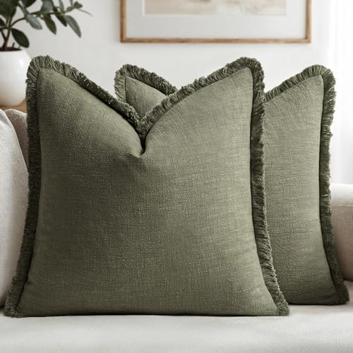 MIULEE Linen Fringe Decorative Euro Throw Pillow Covers Olive Green 26x26 by MIULEE