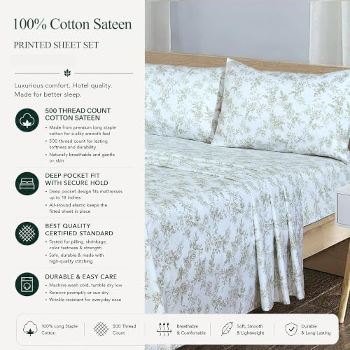 Feather & Stitch 100% Cotton Sateen 500 TC Queen Size Bed Sheet Set - Image 6