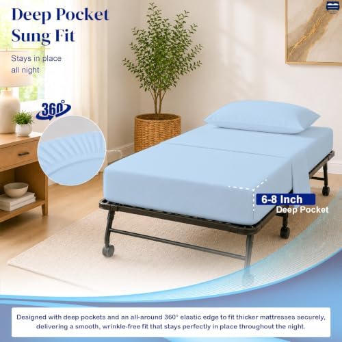 Cottingon 4 PC Cot Sheet Set 25"X75", Egyptian Cotton, Light Blue - Image 5