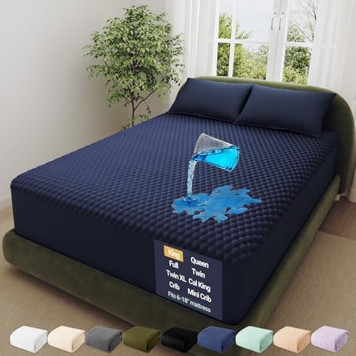 OhGeni 100% Waterproof Mattress Protector, King Size Navy Soft Bamboo Viscose by OhGeni