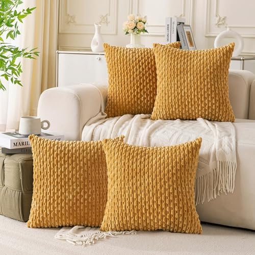 Set of 4 Mustard Yellow Decorative Throw Pillow Covers 18x18 Inch Corduroy by Cozoomy