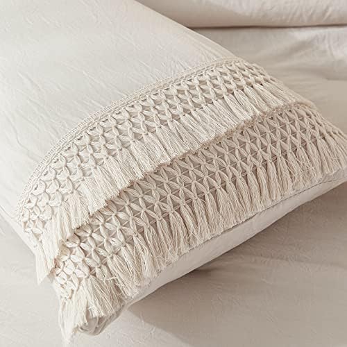 Beige Gray Tassel Pillowcases, Cream Boho Pillow Cases Set of 2, 100% Washed - Image 2