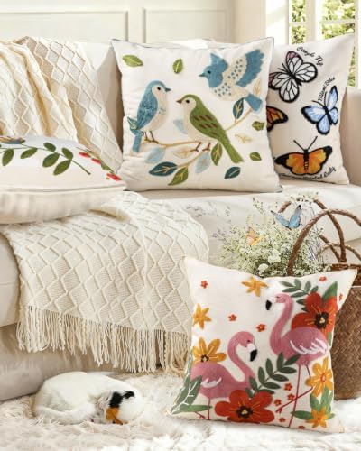 Animal Embroidered Throw Pillow Cover 20x20 Inch, Floral Birds - Image 6