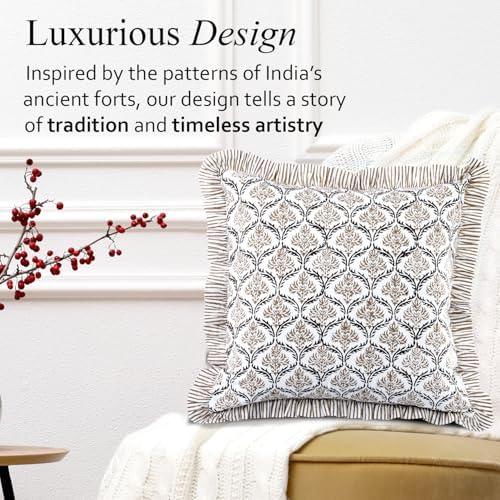 CPC Sandstone Regal Hand Block Print 100% Cotton Ruffle Throw Pillow Cover - Image 7