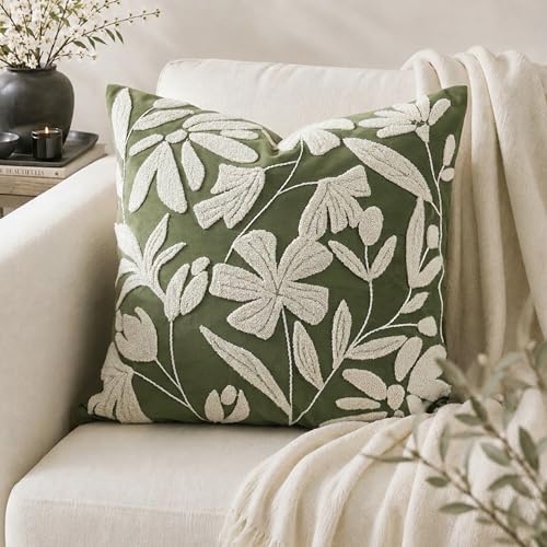 BlissBlush Decorative Throw Pillow Cover 20x20 Inch, Olive Green Floral Tufted by BlissBlush