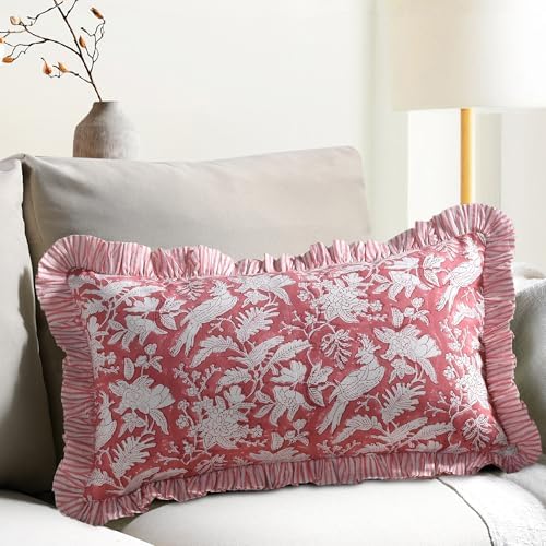 CPC Block Print Pink Coral Ruffle Cotton Lumbar Pillow Cover 12x20 inch by COTTONPRINTCLUB