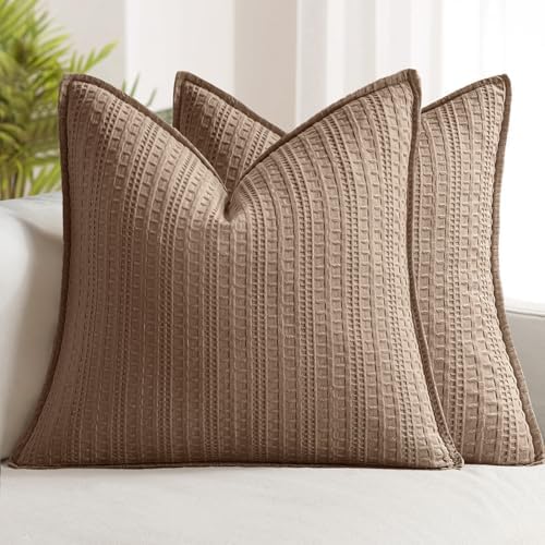 Decorative Waffle Euro Sham Pillow Covers 24x24 Brown 2 Pack by Woaboy
