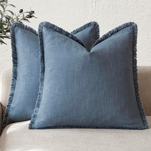 Foindtower Decorative Linen Fringe Throw Pillow Covers 18×18 Inch, Dark Blue by Foindtower