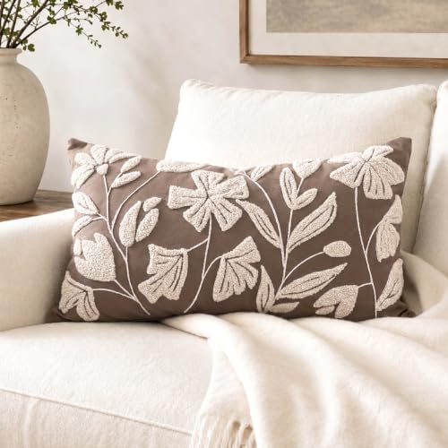 BlissBlush Decorative Lumbar Pillow Cover 12x20 Inch, Taupe Brown Floral Tufted by BlissBlush